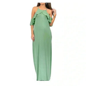 🆕Bee Uniq Dusty Green Ruffle-Accent Cold Shoulder Maxi M🆕